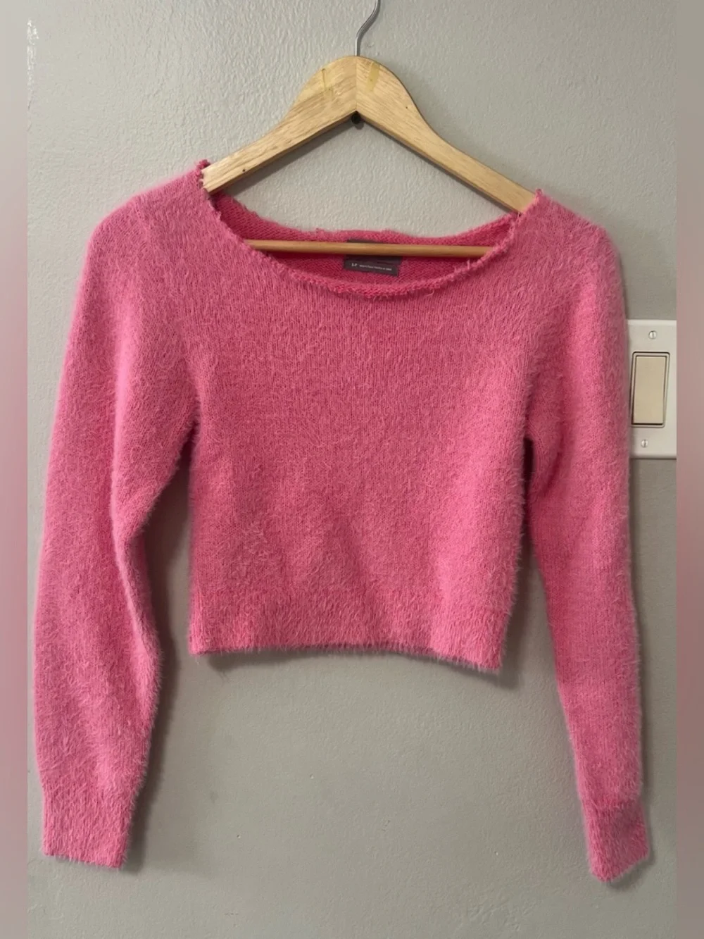 Urban Outfitters Fuzzy Pink Cropped Sweater Coquette Fairycore Raw Hem